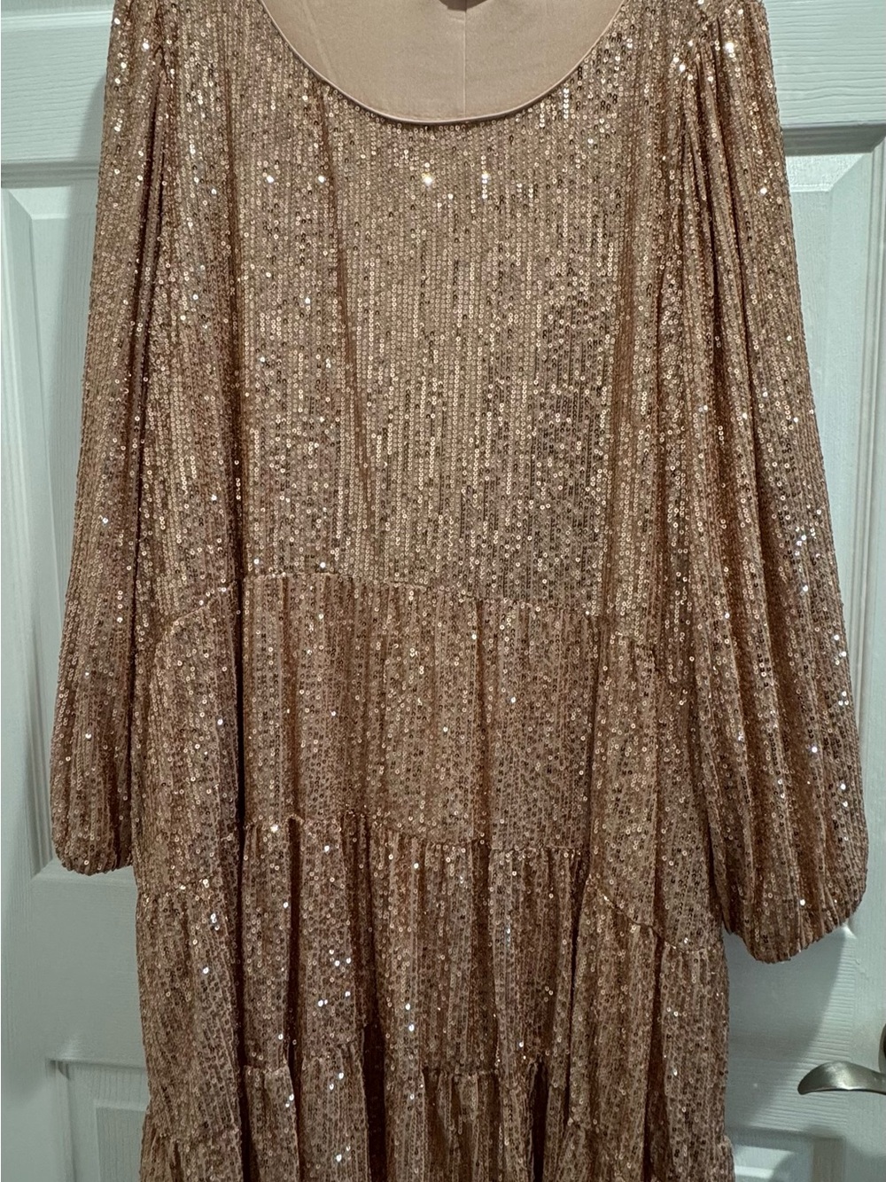 Sequined Tiered Long Sleeve Dress in Champagne - Picture 1 of 2
